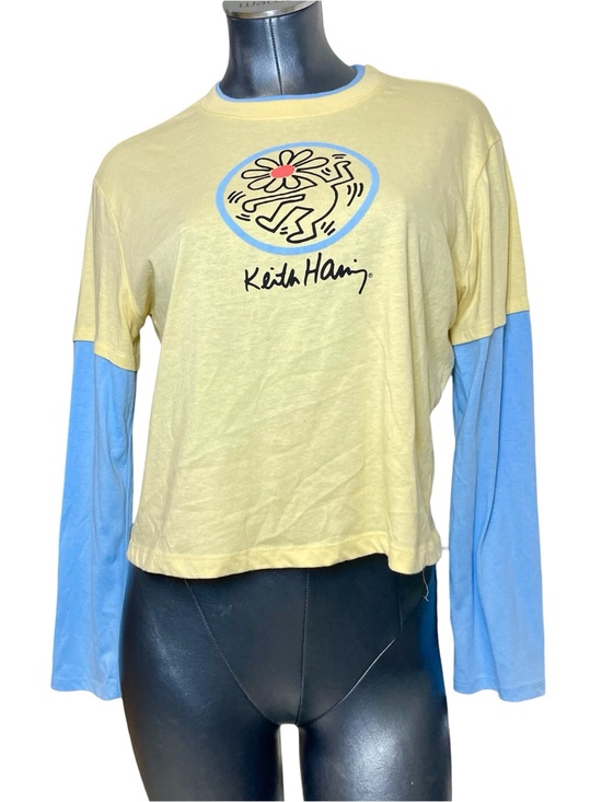 MAD Engine Tops - Keith Haring Graphic Crop Top Layered Look Yellow Blue Long Sleeve Womens